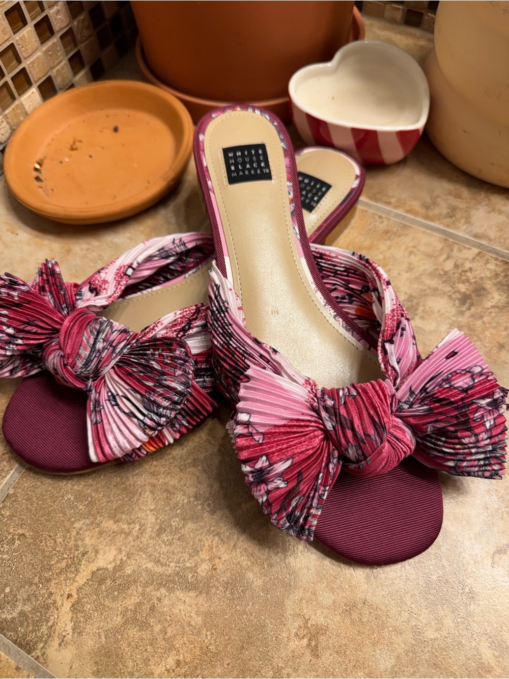 White House Black Market Floral Knot Slide Mules in Pink and Burgundy